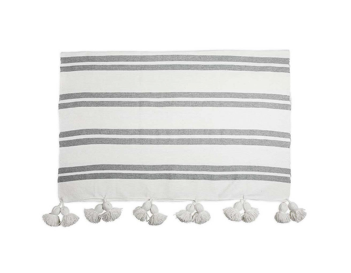 Plaid rayé gris à pompons 2