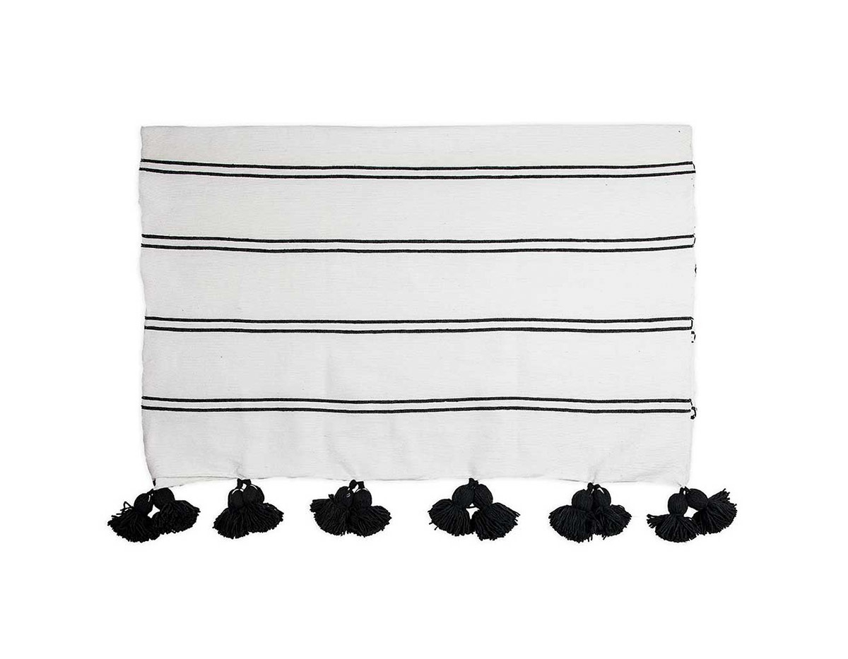 Schwarz gestreifte Tagesdecke mit Pompons 2